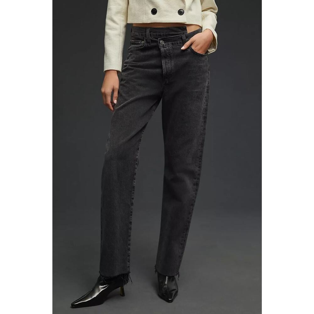NWT AGOLDE Criss Cross Frayed High Rise Straight Leg Jeans Size 32 Black #8F451